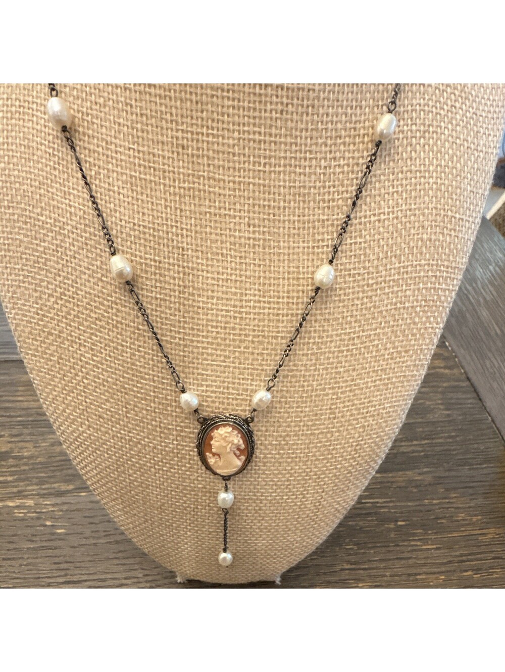 Estate Sterling Silver carved shell cameo real pearls